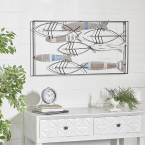 Deco 79 Metal Fish Home Wall Decor Striped Wall Sculpture with Metal Wire Designs, Wall Art 39" x 2" x 21", Brown