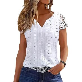 Women's Eyelet Embroidery Short Sleeve T-Shirt Summer Fashion Clothes Loose Fit Casual Holiday Blouse T Shirt