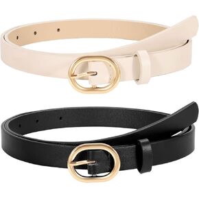 WERFORU 2 Pack Women's Skinny PU Leather Belt with Gold Buckle Ladies Thin Leather Plus Size Waist Belt for Jeans Dress