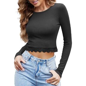 Women's Long Sleeve Crew Neck Crop Top Rilbbed Slim Fitted Y2K T-Shirt with Lace Sexy Going Out Shirts