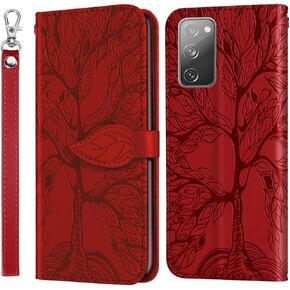 for Samsung Galaxy S20 FE 5G Wallet Case, Embossed Tree Premium PU Leather [Kickstand] [Card Slots] [Wrist Strap] [6.5 inch] Phone Cover for Samsung S20 FE (B1-Black)
