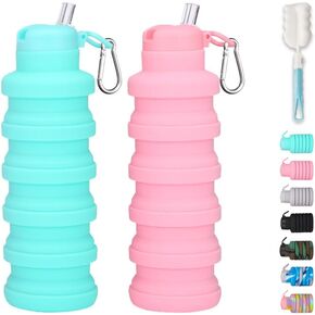 Collapsible water bottles 2 Pack with brush,BPA Free Travel Silicone Water Bottle with Carabiner,Reusable Foldable Portable Lightweight Sports bottles for Gym Camping Hiking (Black+Aqua blue)
