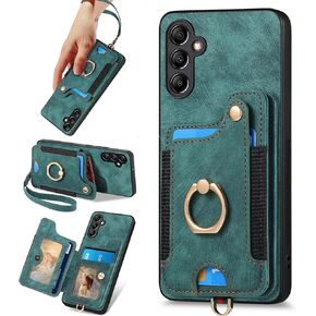 for Samsung Galaxy A35 5G Case with Card Holder for Woman Man,PU Leather Flip Folio Wallet Case,RFID Blocking Ring Holder Kickstand Wrist Strap Magnetic Protective Cover for Galaxy A35 5G Green