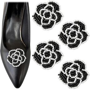 4Pcs Black Flower Shoe Decorative Accessories Small Camellia Studded Beads Metal Buckle Shoe Decoration Clips Sandals Buckle High Heel Flat Shoe Brooch Clip for Women Suitable for Wedding Party