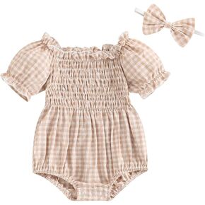 Karuedoo الوليد طفلة الملابس منقوشة Smocked فقاعة رومبير نفخة كم مطوي ارتداءها بذلة عقال الزي الصيفي