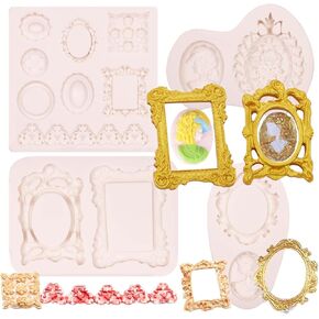 Frame Molds Fondant Silicone, 4 Packs Photo Frame Baroque Vintage Jewel Silicone Chocolate Molds, for Cake Mirror Frames Decoration, Cupcake Toppers, Resin Clay Sugar Gum Paste Polymer