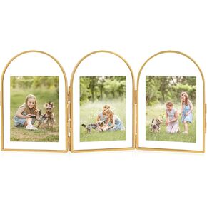Gold Floating Frame, Arched 4x6 Triple Gold Folding Picture Frames, Vintage Brass Glass Picture Frames for Artwork Photo Tabletop Display(4x6 Vertical)