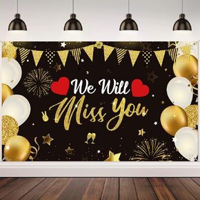 We Will Miss You Party Decorations, Extra Large Black Gold Going Away Party Backdrop Miss You Photography Background Banner for Farewell Anniversary Retirement Graduation Party, 72.8 x 43.3 Inch
