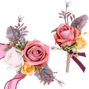 Fnize Blue Corsage and Boutonniere Set for Bride Groom Bridesmaids Groomsmen Wedding Homecoming Flowers Prom Suit Accessories, Rose Boutonniere and Wrist Corsage Flower