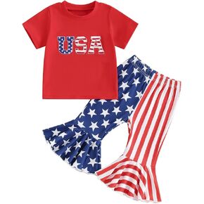 Toddler Baby Girl 4th Of July Outfit Retro America The Beautiful T Shirt Stars and Stripes Print Flare Pants Outfit