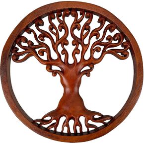 Zeckos Hand Carved Mahogany Tree of Life Wood Wall Plaque - 11.5 Inches in Diameter - Boho Style