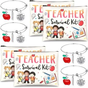 8 Pcs Teacher Appreciation Gift Set for Women, 4 Teacher Makeup Pouch Cosmetic Bags and 4 Bangle Bracelets, Christmas Valentines Thank You Gifts for Teacher (Best Teacher Ever)