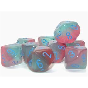 Gel Green and Pink Gemini Luminary Dice with Light Blue Numbers D10 16mm (5/8in), Oxi-Copper Marble, Pack of 10
