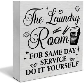 Laundry Room Decorative Wooden Box Sign Same Day Service Do It Yourself Wood Block Plaque Decor Farmhouse Home Laundry Shelf or Wall Display 5x5 Inches