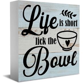 Funny Kitchen Decor Desk Decor Wooden Box Sign Love Heart Rustic Black Wood Block Plaque Box Sign for Home Office Kitchen Dining Room Shelf Table Decoration Life Is Short Lick The Bowl Kitchen Sign