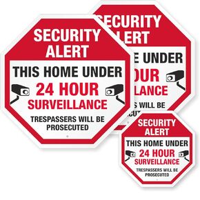 SmartSign “Security Alert - This Home Under 24 Hour Surveillance, Trespassers Will Be Prosecuted" EG Reflective Adhesive Labels, Red, Black and White, Set of 3 (2-4 x 4 inch, 1-2.75 x 2.75 inch)
