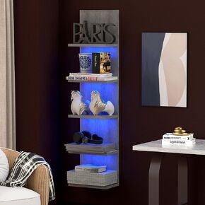 5 Tier Wall Shelf with RGB Light, Modern Wall Mount Lack Shelf, Vertical Column Shelf Floating Storage Home Decor Organizer Tall Tower Design Utility Shelf, White