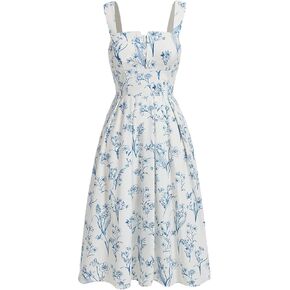 MakeMeChic Women's Floral Print Wide Strap Midi Cami Dress Shirred Flared Hem High Waisted Summer A Line Dress