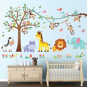 DECOWALL SG-2113 Jungle Animal Tree Wall Decals Cartoon Elephant Monkey Giraffe Lion Forest Stickers for Kids Baby Nursery Bedroom Playroom Living Room Decor DIY Art