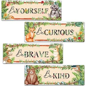 4 Pieces Kids Room Wall Decor Wooden Sign, 11.8" x 3.9" Jungle Safari Animals Motivational Wall Art For Kids Room Nursery Playroom Classroom, Be Kind Brave Curious Yourself-A06