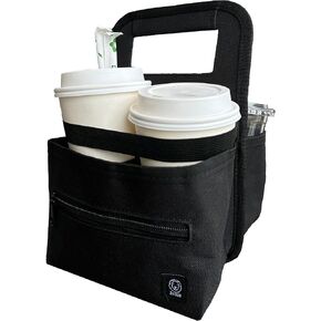 Reusable Insulated Portable Drink Carrier with Handle 4 Cups, Cup Carriers Holder Tote Bag for Coffee Cup and Drinks, Cup Holder for Food Delivery, Organizer Pockets, Black