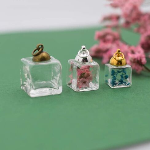 10 Pieces Cute Cube Glass Vial with Cap Set, Glass Cover Handmade Glass Pendant Supply (Gold Cap, 10mm) in Saudi Arabia