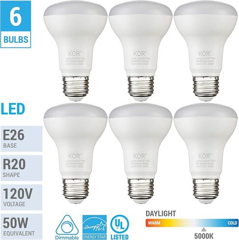 KOR (6 Pack) 7W LED R20 Reflector Light Bulb (50W Equivalent), Dimmable, 550 Lumens, UL & Energy Star, Standard E26 Base, BR20 LED Flood Light Bulbs for Recessed Can Use (2700K (Warm White)) in Saudi Arabia