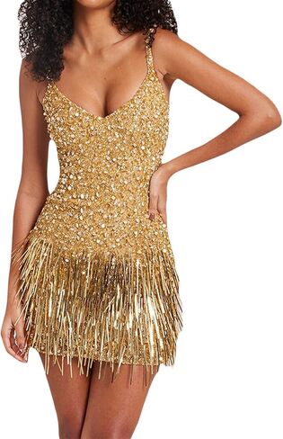 Women Glitter Fringe Hem Mini Dress Tassel Sparkly Sequin Sling Dress Trendy Bodycon Cocktail Solid Dress in Saudi Arabia