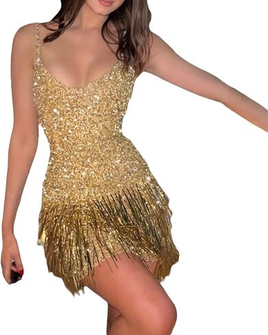 Women Glitter Fringe Hem Mini Dress Tassel Sparkly Sequin Sling Dress Trendy Bodycon Cocktail Solid Dress in Saudi Arabia