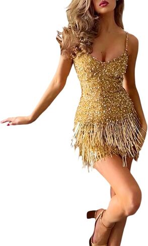 Women Glitter Fringe Hem Mini Dress Tassel Sparkly Sequin Sling Dress Trendy Bodycon Cocktail Solid Dress in Saudi Arabia