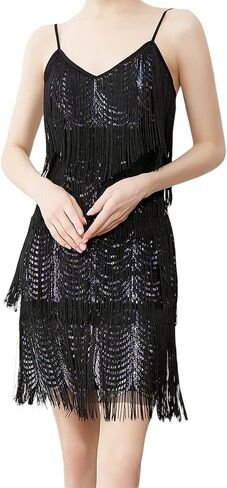 Women Glitter Fringe Hem Mini Dress Tassel Sparkly Sequin Sling Dress Trendy Bodycon Cocktail Solid Dress in Saudi Arabia