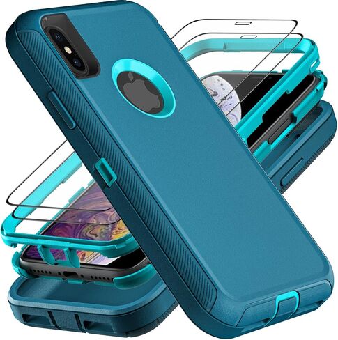 for iPhone X Case/iPhone Xs Case, Military Grade 3 in 1 Heavy Duty Shockproof/Drop Proof/Dust Proof Case with 2Pcs Tempered Glass Screen Protector (Aqua Blue/Pink) in Saudi Arabia