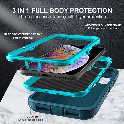 for iPhone X Case/iPhone Xs Case, Military Grade 3 in 1 Heavy Duty Shockproof/Drop Proof/Dust Proof Case with 2Pcs Tempered Glass Screen Protector (Aqua Blue/Pink) in Saudi Arabia