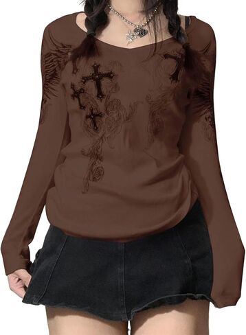 Sunloudy جرافيك الجرونج بلايز كم طويل ريترو طباعة البلوز تي شيرت سليم صالح Harajuku خمر بلوزة بلايز in Kuwait