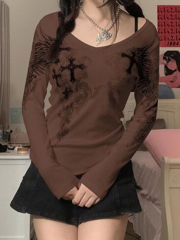 Sunloudy جرافيك الجرونج بلايز كم طويل ريترو طباعة البلوز تي شيرت سليم صالح Harajuku خمر بلوزة بلايز in Kuwait