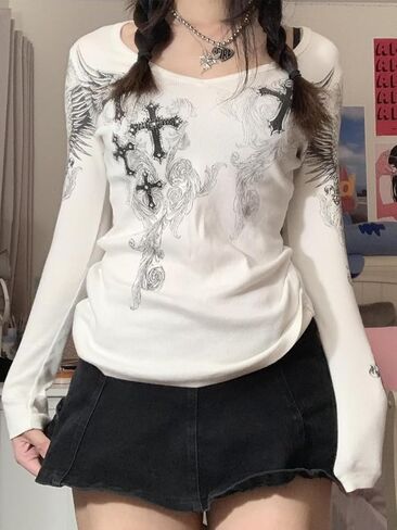 Sunloudy جرافيك الجرونج بلايز كم طويل ريترو طباعة البلوز تي شيرت سليم صالح Harajuku خمر بلوزة بلايز in Saudi Arabia