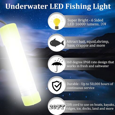 AGOOL Underwater Fishing Light 20W 16000 Lumens Green Fishing Light 12V 20ft Cord LED Submersible Fishing Bait Finder Deep Drop Night Fishing Light for Shrimp, Prawns, Squid Fish in Saudi Arabia