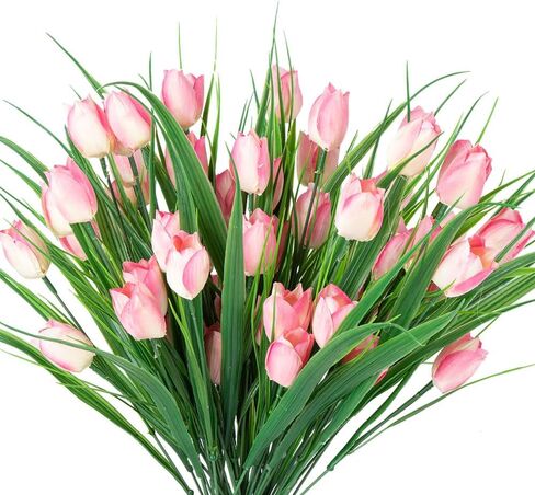 12 Bundle Artificial Outdoor Flowers for Summer Outside - UV Resistant Tulip Fake Plant Silk Plastic Outdoor Flower for Front Door Patio Yard Window Box Porch Garden Front Patio Yard Decoration in Saudi Arabia