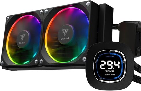 GAMDIAS 240mm CPU Liquid Cooler AIO w/ 2.1" Display & Customized Software, CPU Water Cooler w/Thick Radiator and ARGB PWM 2X 120mm Computer PC Case Fans, Compatible w/Intel 1700/1200 & AMD AM5/AM4 in Kuwait