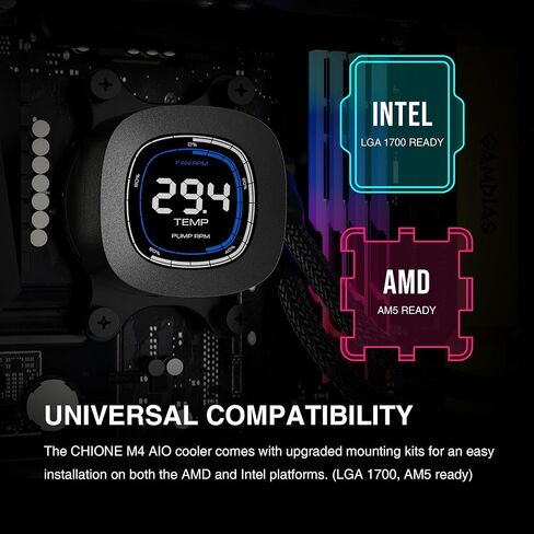 GAMDIAS 240mm CPU Liquid Cooler AIO w/ 2.1" Display & Customized Software, CPU Water Cooler w/Thick Radiator and ARGB PWM 2X 120mm Computer PC Case Fans, Compatible w/Intel 1700/1200 & AMD AM5/AM4 in Kuwait