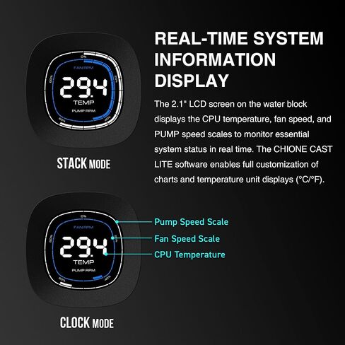 GAMDIAS 240mm CPU Liquid Cooler AIO w/ 2.1" Display & Customized Software, CPU Water Cooler w/Thick Radiator and ARGB PWM 2X 120mm Computer PC Case Fans, Compatible w/Intel 1700/1200 & AMD AM5/AM4 in Kuwait