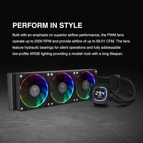 GAMDIAS 240mm CPU Liquid Cooler AIO w/ 2.1" Display & Customized Software, CPU Water Cooler w/Thick Radiator and ARGB PWM 2X 120mm Computer PC Case Fans, Compatible w/Intel 1700/1200 & AMD AM5/AM4 in Kuwait