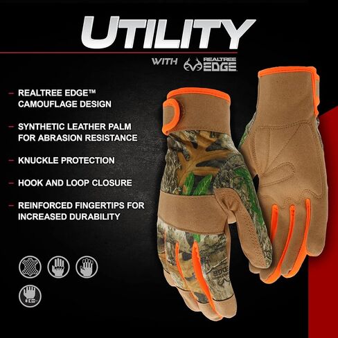 Boss Youth Utility High Visibility Realtree Synthetic Leather Safety Gloves, Camouflage Design, Knuckle Padding, Hook and Loop Closure, Youth Size, (BRE52191-YL) in Saudi Arabia