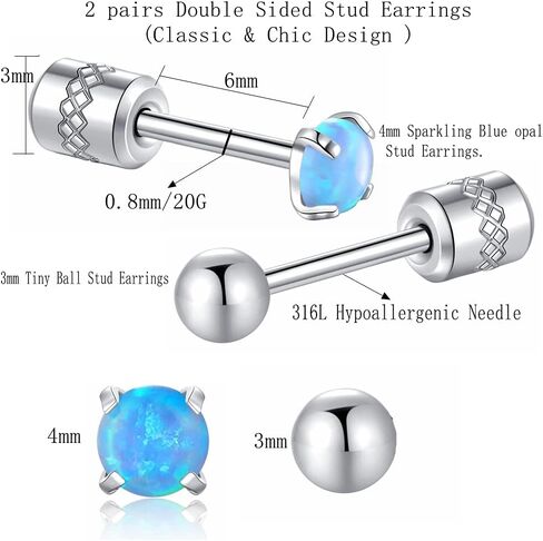 Hopply 2 Packs Opal Screw Back Stud Earrings Hypoallergenic Stainless Steel Post Round Cut Created White Synthetic Opal for Women Girls Jewelry Set Gifts in Kuwait