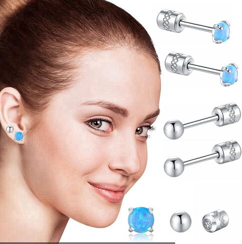 Hopply 2 Packs Opal Screw Back Stud Earrings Hypoallergenic Stainless Steel Post Round Cut Created White Synthetic Opal for Women Girls Jewelry Set Gifts in Kuwait