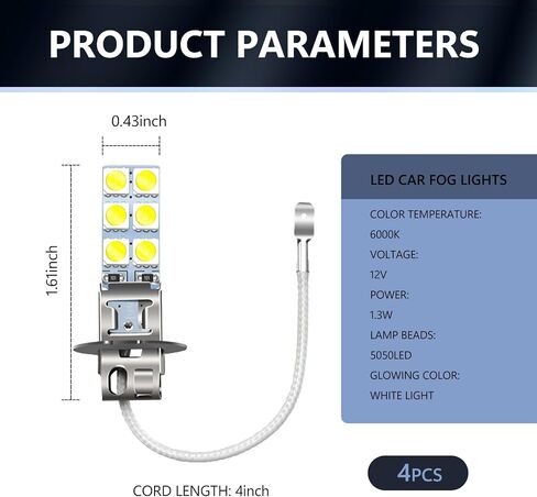 4 PCS LED Car Fog Light Bulbs, 12V 360 Degrees Metal Waterproof Vehicle DRL lamps, Plug and Play, Universal 2.44In x 0.43In Super Bright Automotive Lighting Accessories (White Light #H1) in Saudi Arabia