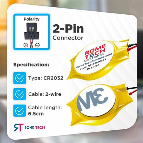بطارية Rome Tech CR2032W CMOS للوحة الأم Awow Ax41 - بطارية احتياطية للكمبيوتر المحمول BIOS RTC 3V CR 2032 KTS 731 مع موصل FI لكابلين سلكيين (عبوتان) in Saudi Arabia