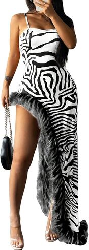 WDIRARA Women's Zebra Print Fuzzy Trim Stretchy Asymmetrical Hem Cut Out Maxi Cami Party Dress in Saudi Arabia