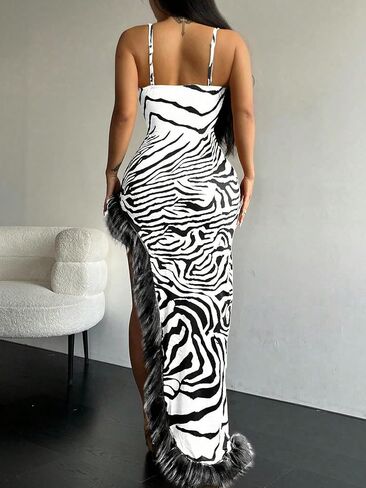 WDIRARA Women's Zebra Print Fuzzy Trim Stretchy Asymmetrical Hem Cut Out Maxi Cami Party Dress in Saudi Arabia