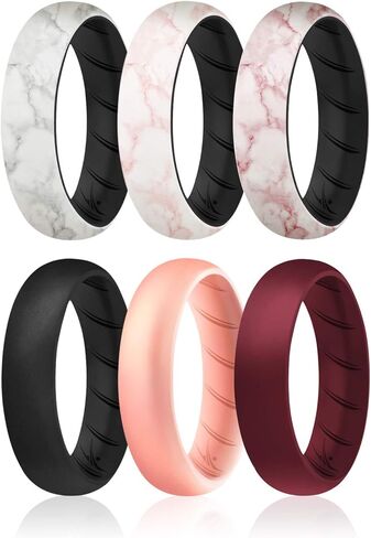 ROQ Silicone Rings for Women, Breathable Silicone Rings, Sets of 6 Bands, Unique Silicone Wedding Ring for Women, Medical Grade Silicone Rubber Band - Black, Marble, Maroon, Rose Gold Colors - Size 5 in Saudi Arabia